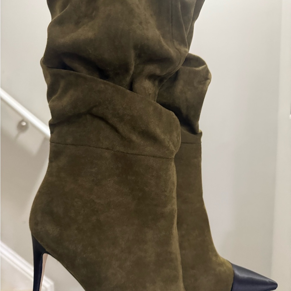 Elegant Olive Suede Stiletto Boots - knee high - Picture 10 of 11